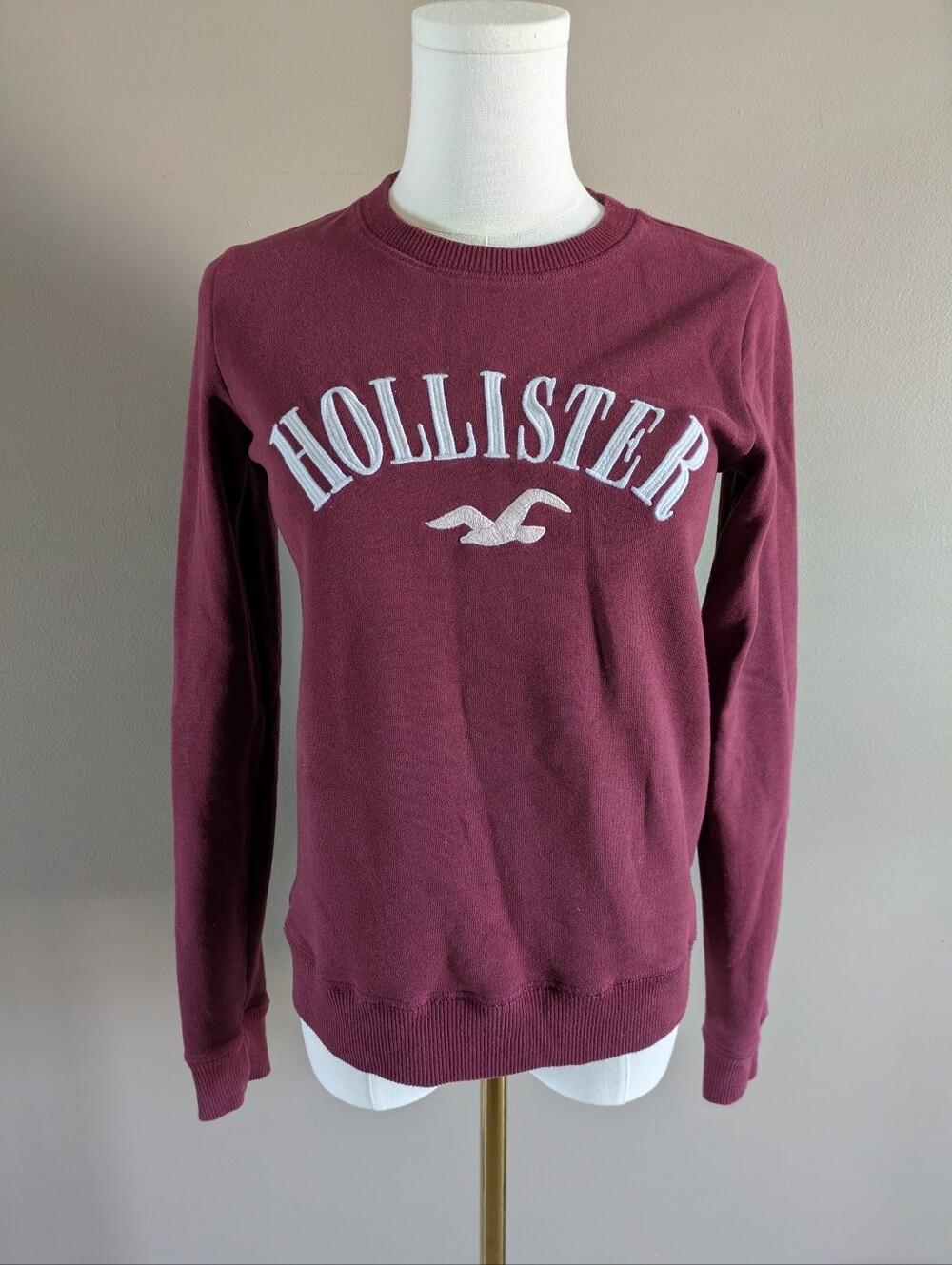 Hollister Maroon & White Logo Embroidered Long Sleeve Crew Neck Sweatshirt XXS